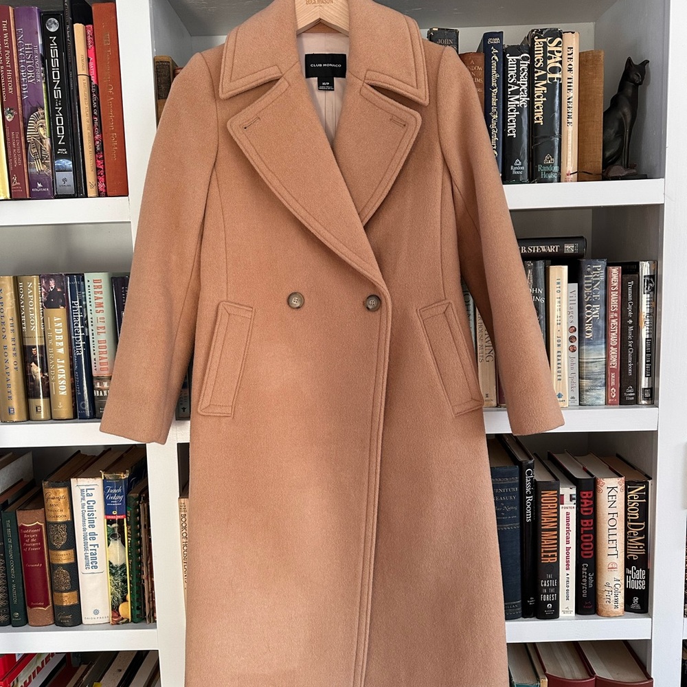 Club Monaco Daylina Double Breasted Camel Tan Long Knee Length Coat XS